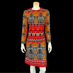 Vintage 60s Mod Baroque Print Red & Mustard Psychedelic Shift Dress / S M